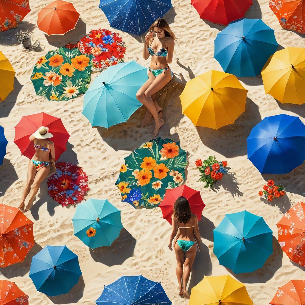 A serene beach scene featuring diverse women in stylish modest swimwear, joyfully engaging in summer activities. The sun shines brightly, creating a warm and inviting atmosphere, with soft waves in the background. Colorful beach umbrellas and harmony in the poses convey a sense of community and confidence. Include vibrant floral patterns in the swimwear to symbolize nature and wholesomeness. super-realistic. vibrant colors.